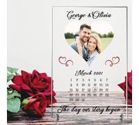 Personalised Anniversary Photo Plaque - Love Story Calendar, Custom Names and Date, Elegant Keepsake, Freestanding Display, (A5 21cm x 15cm, Acrylic Indoor & Outdoor Use)