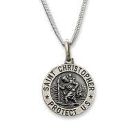 Personalised Antique Finish Solid 925 Sterling Silver 15mm 3D Round St Christopher Medal Pendant With Optional 1.4mm Wide Diamond Cut Curb Chain In Gift Box (available in 16" to 24")