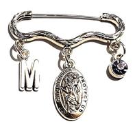 Personalised Antique Silver 'ST. CHRISTOPHER PROTECT US' Brooch with Initial & Birthstone In a Velvet Gift Bag.Badge/Pin