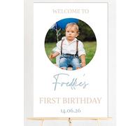 Personalised Any Age Birthday Welcome Board in Wood Custom Own Childs Photo - 2 Colour Options Pink Blue - Fully Custom Wording Name Age Date Photo Upload - Children's Birthday Photo Prop (Blue)