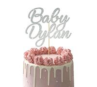 Personalised Any Name Baby Shower Cake Topper for Baby Boy or Baby Girl New Born Baby Name Reveal Customized Happy Birthday Party Decoration Multicolour Glitter Card (Silver)