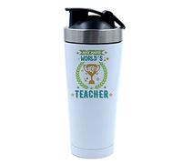 Personalised ANY NAME World’s Best Teacher, Thanks Giving, Appreciation, School Leaving, Retirement, Birthday Present, 500ml Aluminium Shaker Bottle. (White)