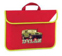 Personalised Army Jeep Boys Hi-Viz Book Bag - Kids Military Vehicle Design - Custom Name - Infants Back to School Gift - New Term Present, One Size, Red