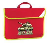 Personalised Army Tank Boys Hi-Viz Book Bag - Custom Name Military Design for Kids - Primary Infants Back to School Gift - New Term, One Size, Red