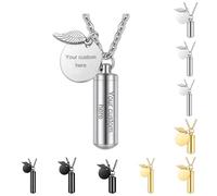 Personalised Ashes Necklace Custom Urn Necklace for Ashes Print Photo Stainless Steel Pendant Engraving Text Ashes Keepsake for Women Men with Angel Wings (Silver-A)