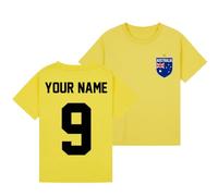 Personalised Australia Travel Football Boys Kids Graphic T-Shirt Novelty Customised Retro Aussie Heritage Tee Souvenir Apparel Australian Flag Emblem Top Yellow 5-6Y