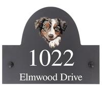Personalised Australian Shepherd Dog Motif Natural Stone Slate House Name or House Number Plaque Sign - 25x20cm - Premium Smooth Stone Slate
