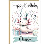 Personalised Axolotl A5 Birthday Cards for Kids - Custom Own Name 6 Cute Designs Pink Blue Mint Balloons Present - Girls Happy Birthday Greeting Cards (Streamers)