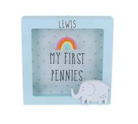 Personalised Babies First Money Box Wooden Engraved Money Box Frame My First Pennies Blue Elephant Savings Bank for Babies Newborn Gift Kids Piggy Bank for Baby Boy