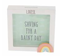 Personalised Babies First Money Box Wooden Engraved Money Box Frame Saving For A Rainy Day Cream Rainbow Savings Bank for Babies Newborn Gift Kids Piggy Bank for Babies