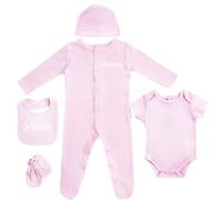 Personalised Baby 5 Piece Gift Set Name Sleepsuit Bodysuit Hat Mittens Bib (Pink, 0-3 Months)