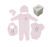 Personalised Baby 5 Piece Gift Set Pink Newborn Size Grey Bunny Design - Cube Gift Box with Bow Baby Girl Gift - Sleepsuit, Short Sleeved Bodysuit, Bib, Hat, Mittens 0-3 Months Pink