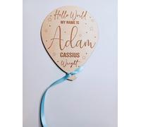 Personalised Baby Arrival Sign | Hello World | Welcome To The World | Baby Photo Prop | Baby Announcement Balloon Plaque | Baby Name Sign (XL (15x20cm), Blue Ribbon)