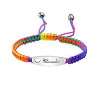 Personalised Baby Bar Bracelet - Customised Handmade Adjustable Rainbow Braided Rope Name Date ID Plate Bracelet for Children Toddler Kids,New Born Birthday Gift for Girls Boys，Silver Tag