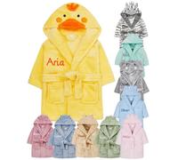 Personalised Baby Bathrobe Hooded Fleece Dressing Gown Super Soft Gifts Robe For Boys Girls Cute Teddy Ears (3-4 Duck)