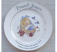 Personalised Baby Birth Plate -Blue Cradle Design on a Plate with 2 Platinum Bands