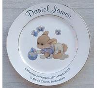 Personalised Baby Birth Plate - Blue Sleepytime Design on a Plate with 2 Platinum Bands