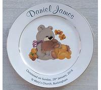 Personalised Baby Birth Plate - Yellow Sleepytime Design on a Plate with 2 Platinum Bands