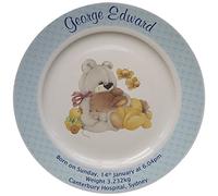 Personalised Baby Birth Plate - Yellow Sleepytime Design on a Plate with a Blue Rim