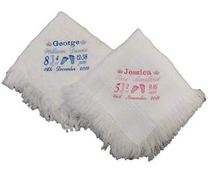 Personalised Baby Birth White Gift Shawl Blanket with Footprints, Crown and Birth Details