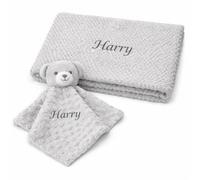 Personalised Baby Blanket & Bear Comforter Bundle - Embroidered Newborn Essentials, Personalised Blanket with Teddy Bear Comforter, Soft Customised Blanket for New Born Baby Essentials, Unisex (Grey)