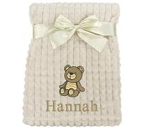 Personalised Baby Blanket Embroidered Bear & Name Soft Fleece Wrap (Brown Bear Beige Squares)