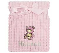 Personalised Baby Blanket Embroidered Bear & Name Soft Fleece Wrap (Pink Bear Pink Squares)