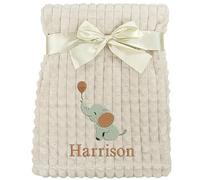 Personalised Baby Blanket Embroidered Elephant & Name Soft Fleece Wrap (Brown Elephant Beige Squares)
