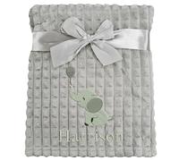Personalised Baby Blanket Embroidered Elephant & Name Soft Fleece Wrap (Grey Elephant Grey Squares)