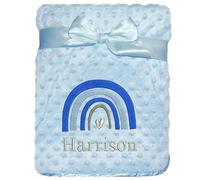 Personalised Baby Blanket Embroidered Rainbow and any Personalized Name Boys Girls Nursery (Blue Bobble)