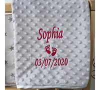Personalised Baby Blanket Luxury Grey Bubble Style Pink Script Font Name Date Feet Gift