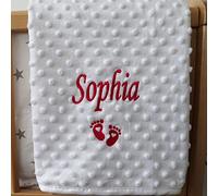 Personalised Baby Blanket Luxury White Bubble Style Pink Script Font Name Feet Gift