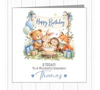 Personalised Baby Boy Birthday Card - Cute Woodland Creatures Celebrating - Son, Grandson, Nephew, Godson ANY AGE