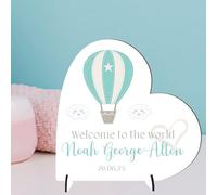 Personalised Baby Boy Heart Plaque - Welcome to the World Custom Babies Keepsake Sign Teddy Bear Design - Thoughtful Memory Nursery Gift (Hot Air Balloon, MDF Wood)