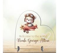 Personalised Baby Boy Heart Plaque - Welcome to the World Custom Babies Keepsake Sign Teddy Bear Design - Thoughtful Memory Nursery Gift (Pilot Bear, Acrylic)