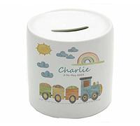 Personalised Baby Boy Money Box - Ceramic My First Savings Pot - Christening, 1st Birthday, Newborn Gift UK- More Designs (Choo Choo)