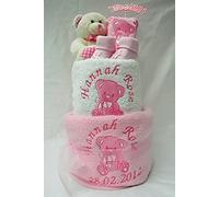 Personalised Baby boy or Girl Nappy Cake 2 Tier Teddy Design Baby Hamper Baby Shower Gift Blanket Teddy bib Shoes (Pink)