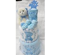 Personalised Baby boy or Girl Nappy Cake 2 Tier Teddy Design Baby Hamper Baby Shower Gift Blanket Teddy bib Shoes (Blue)