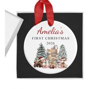 Personalised Baby Boy or Girl's First Christmas Bauble with Gift Box - North Pole Friends - Custom Name & Year - Ceramic Tree Ornament Decoration Keepsake Gift for My 1st Xmas