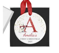 Personalised Baby Boy or Girl's First Christmas Bauble with Gift Box - Polar Bear Initial - Custom Name & Year - Ceramic Tree Ornament Decoration Keepsake Gift for My 1st Xmas