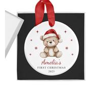 Personalised Baby Boy or Girl's First Christmas Bauble with Gift Box - Santa Hat Bear - Custom Name & Year - Ceramic Tree Ornament Decoration Keepsake Gift for My 1st Xmas