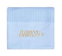 Personalised Baby Boys Baby Girls Cellular Blanket with Panel Soft 100% Cotton Cot Pram Blanket Blue Bottom Centre Gold Thread 70x105 cm