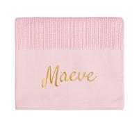 Personalised Baby Boys Baby Girls Cellular Blanket with Panel Soft 100% Cotton Cot Pram Blanket Pink Bottom Centre Gold Thread 70x105 cm