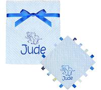 Personalised Baby Boy's Elephant Blue Embroidered Luxury Waffle Blanket and Elephant Ribbon Taggy Comforter Gift Set