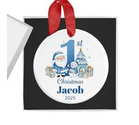 Personalised Baby Boy's First Christmas Bauble with Gift Box - Santa & Tree Scene - Custom Name & Year - Ceramic Tree Ornament Decoration Keepsake Gift for My 1st Xmas