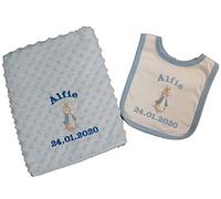 Personalised baby bubble fleece blanket and 100% cotton bib with cute Rabbit gift boy girl baby shower (blue)