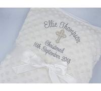 Personalised Baby Christening/Baptism/Naming Day Shawl or Blanket Embroidered with **Full Name** and **Date** with Cross (White Blanket)