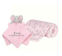 Personalised Baby Comforter and Blanket Set Beautiful Keepsake Gift for Baby (Personalised Pink Elephant Toy and Pink Elephant Patterned Blanket)