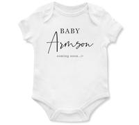 Personalised Baby Coming Soon Babygrow Custom Surname Vest for Baby Announcement, 6-12 Months, White