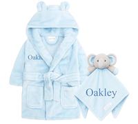 Personalised Baby Dressing Gown & Elephant Comforter Set Newborn Baby Gift Blanket Robe Bundle (Blue Robe & Blue Elephant Comforter, 6-12 Months)